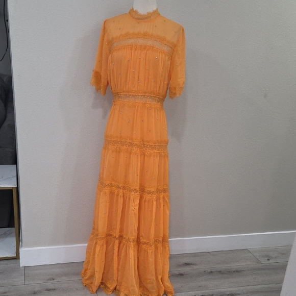 Anthropologie Orange Ruffled Tiered Gown with Bishop Sleeves - Picture 2 of 7